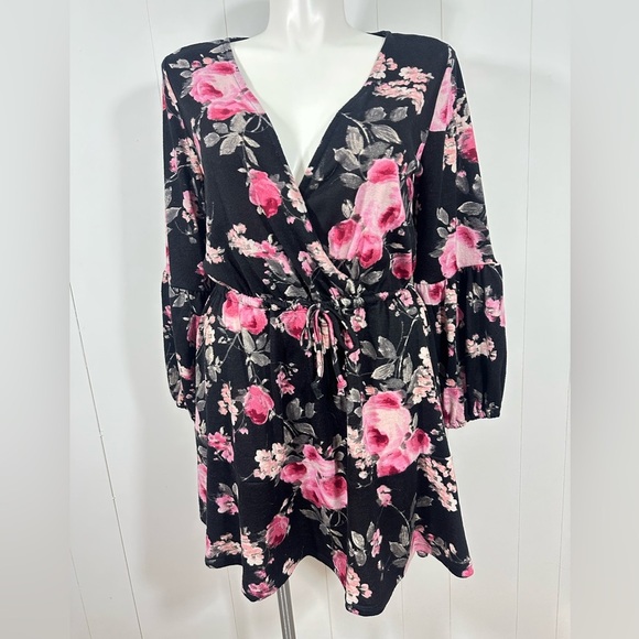 NWT Maurices Sz L Double Breast Floral Knit Mini Dress Long Balloon Sleeve VNeck - Picture 1 of 13